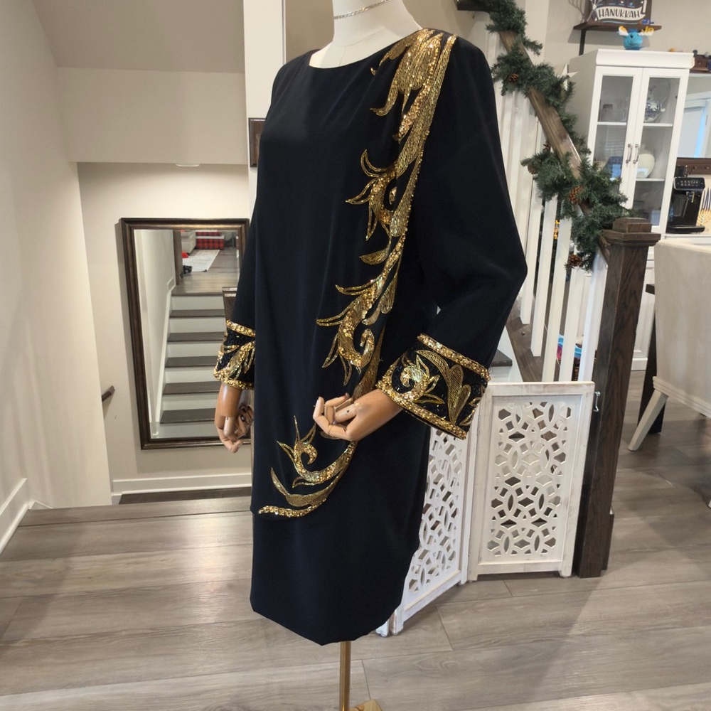 Vintage Bob Mackie Evening Black Dress with Gold Beaded Appliqué | Size 12 - Picture 10 of 11